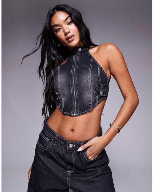 Liquor N Poker Blue High Neck Panel Stitch Top With Buckle Detail