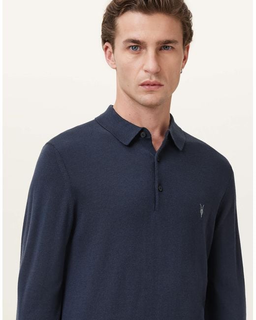AllSaints – mode – langärmliges polohemd aus merinowolle in Blue für Herren