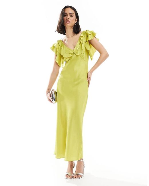 New Look Yellow Ruffle Sleeve Satin Midi Dress
