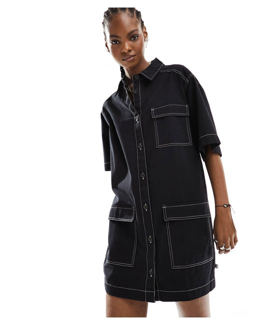 Collusion Black Twill Mini Pocket Shirt Dress With Contrast Stitch Detail