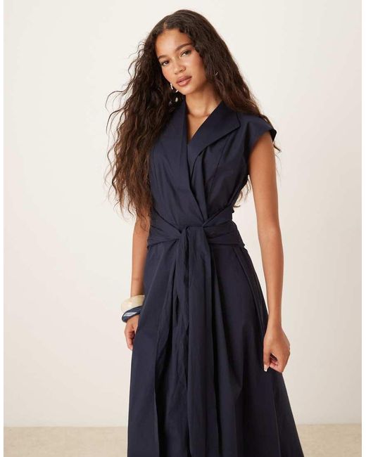 Vestido De Manga Corta Con Cordones De Mango de color Blue