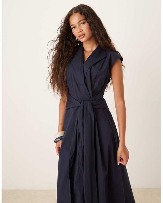 Vestito A Maniche Corte Con Allacciatura di Mango in Blue