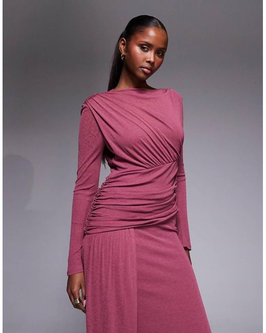 DASKA Pink Long Sleeve Asymmetric Drape Detail Maxi Dress