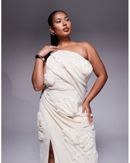ASOS Natural Asos Design Curve Textured Floral One Shoulder Maxi Dress