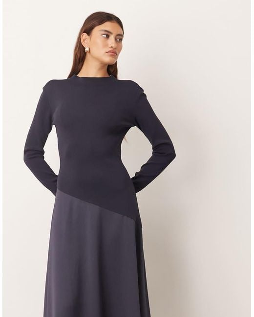 ARRANGE Blue Hybrid Knit Maxi Dress With Asymmetric Skirt