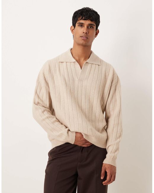Polo oversize en maille côtelée avec manches longues et col à encoche - taupe ASOS pour homme en coloris Natural