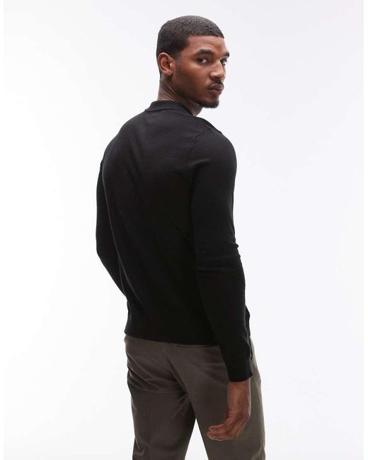 SELECTED Black 100% Cotton Long Sleeve Half Zip Polo for men