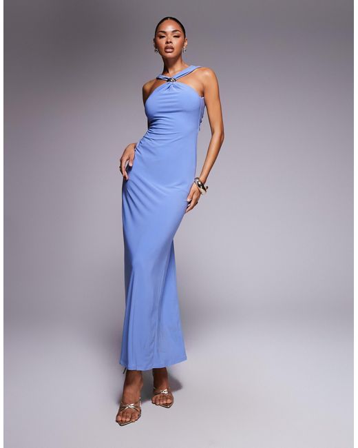 ASOS Blue Trimmed Halterneck Maxi Dress With Twisted Back Detail