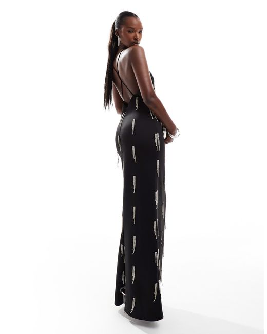 Women’s Elegant Black Fringe Bandage Maxi Dress – Square Neck Sleeveless Evening Gown main image 0