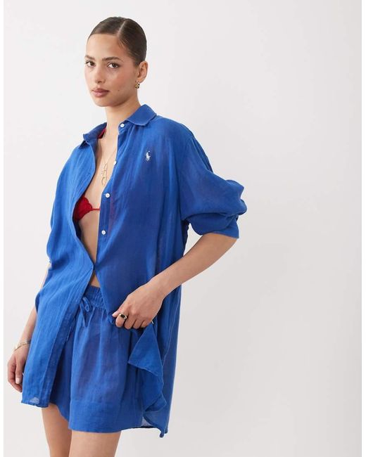 Polo Ralph Lauren Blue Oversized Cotton Linen Boyfriend Shirt