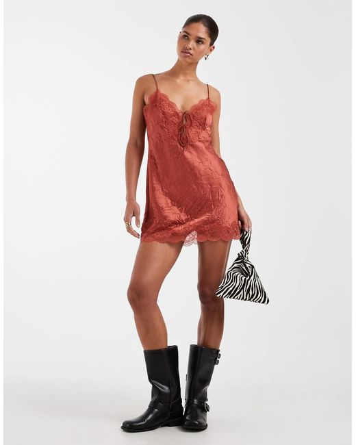 ASOS Red Cami Crinkle Satin Tie Front Mini Dress