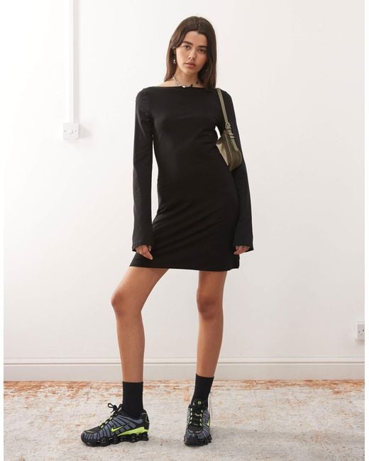 Weekday Boat Neck Long Sleeve Mini Dress in Black | Lyst