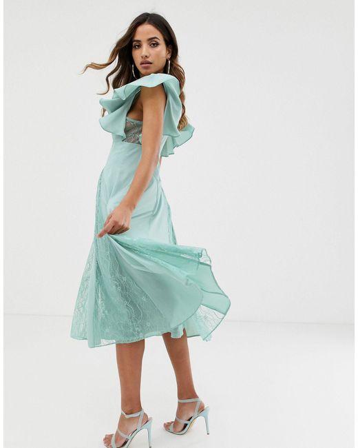 asos design midi dress with lace godet panels