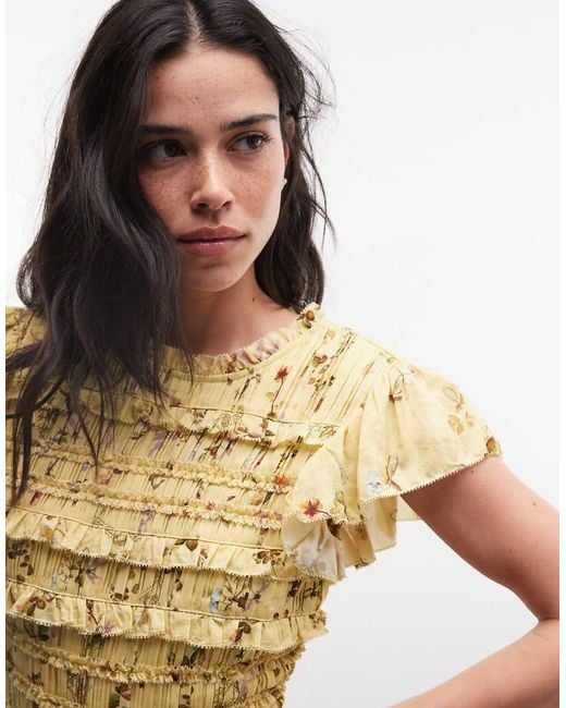 AllSaints Yellow Lauren Sleeveless Ruched Ruffle Floral Mini Dress