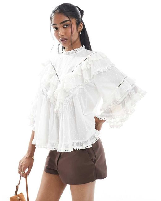 ASOS White Ruffle Floaty Blouse With Lace Trim