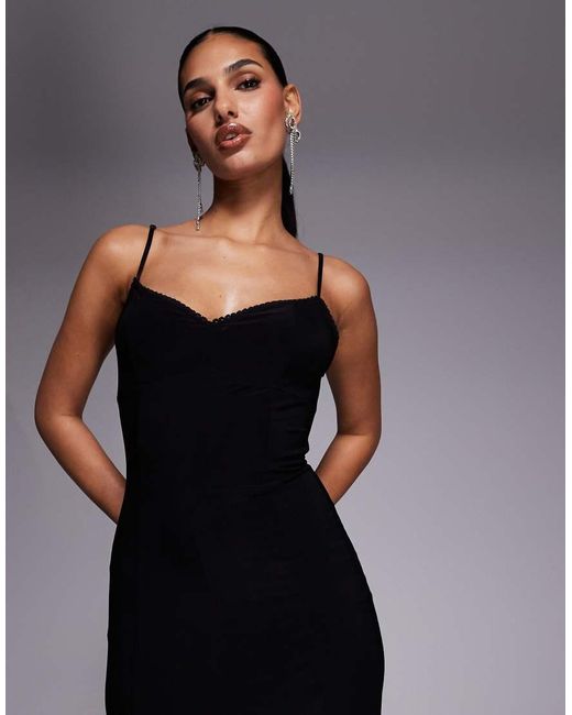 Fashionkilla Black Exclusive Slinky Lace Goget Detail Low Back Cami Maxi Dress