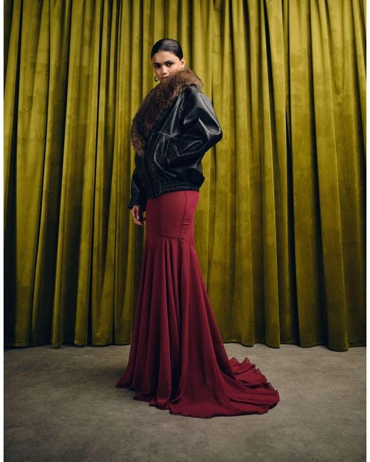 ASOS Black Leather Look Shawl Collar Faux Fur Collar Bomber Jacket