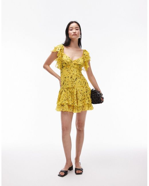 TOPSHOP Yellow Flutter Sleeve Mini Tea Dress