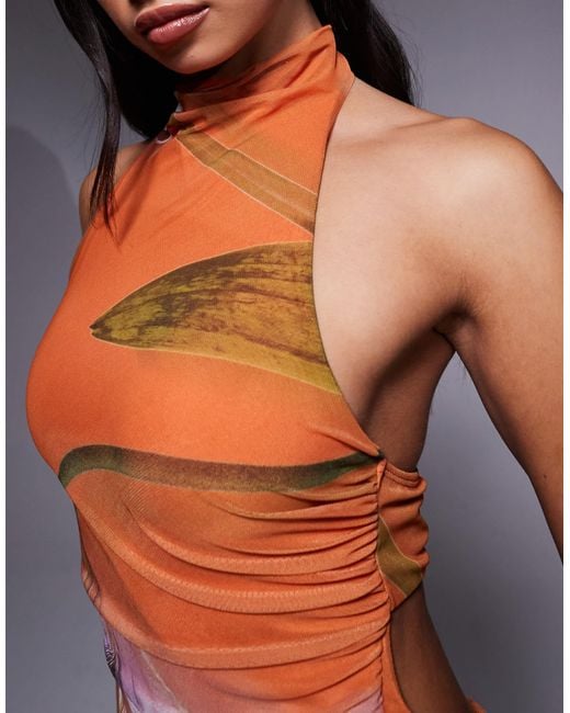 ASOS Brown Printed Mesh Cowl Neck Maxi Dress With Orange Floral Print