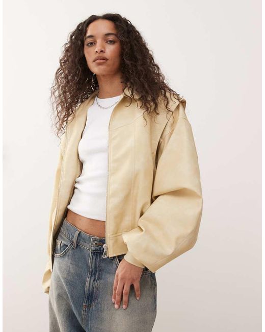 Lioness Natural Exclusive Vista Leather Look Contrast Stitch Bomber Jacket