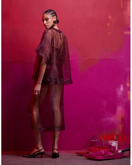 Vestido Lencero Midi Estilo Camiseta De Corte Cuadrado Con Diseño Efecto 2 En 1 De Organza De -Rojo ASOS de color Pink