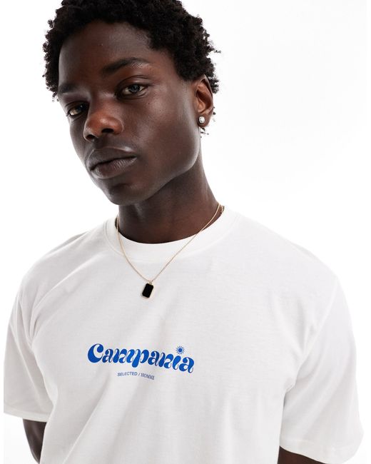 T-shirt oversize avec imprimé sur la poitrine SELECTED pour homme en coloris White