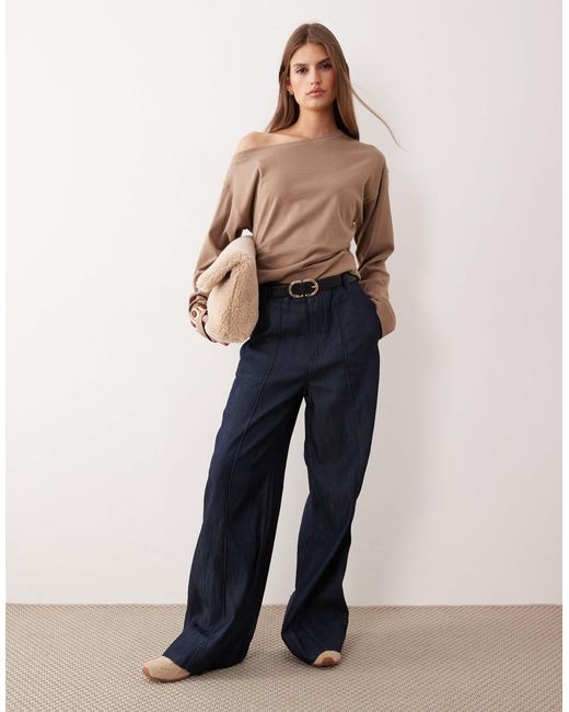 ASOS Blue Long Sleeve Off Shoulder Corset Waist Tee