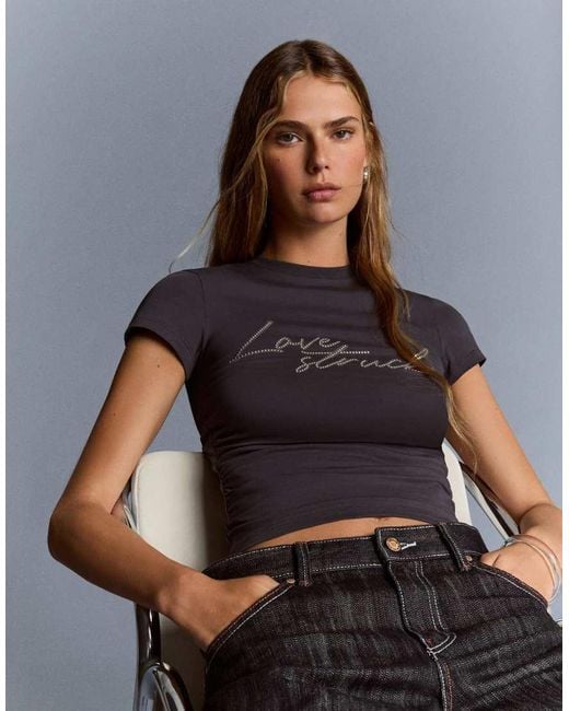 Bershka Gray Short Sleeve T-Shirt With Studded Print