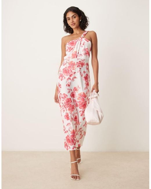 Y.A.S Pink One Shoulder Red Floral Satin Maxi Dress