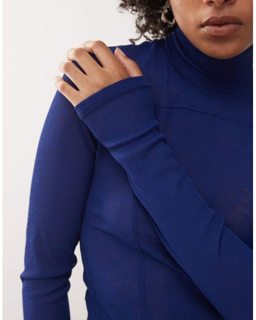 Weekday Blue High Neck Mesh Long Sleeve Top