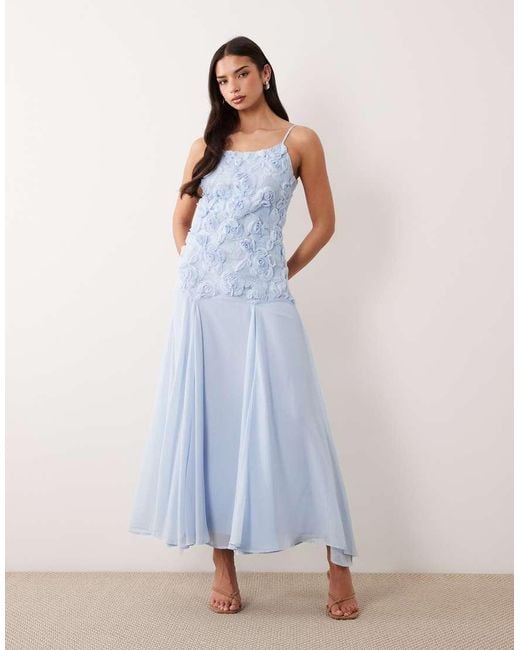 Y.A.S Blue Floral Applique Drop Waist Cami Maxi Dress
