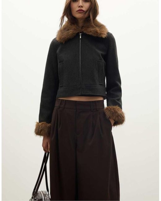 Stradivarius Gray Jacket With Faux Fur Detail