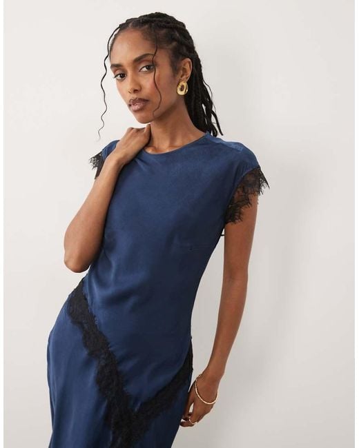 New Look Blue Lace Trim Satin Midi Dress