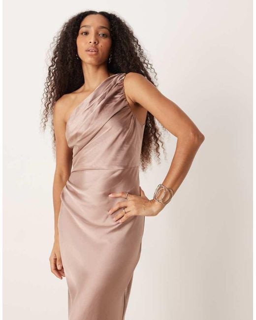Pretty Lavish Natural Bridesmaids Juliet Satin Gathered One Shoulder Maxi Dress