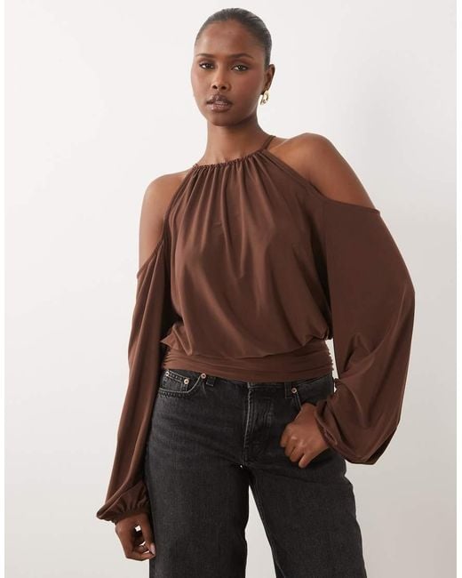 ASOS Brown Slinky Cold Shoulder Blouson Top With Balloon Sleeves
