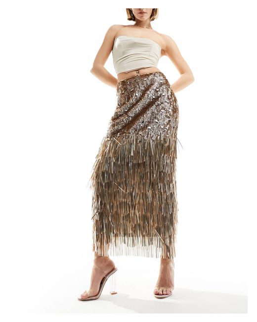 Miss Selfridge Natural Premium Sequin Tasselled Maxi Skirt
