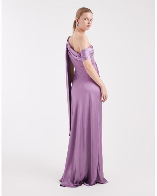 Six Stories Purple Bridesmaid One Shoulder Drape Detail Satin Maxi Dress