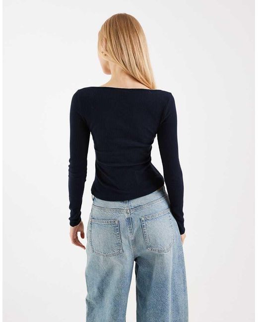 Miss Selfridge Blue Long Sleeve Rib Knit Top With Lace Detailing