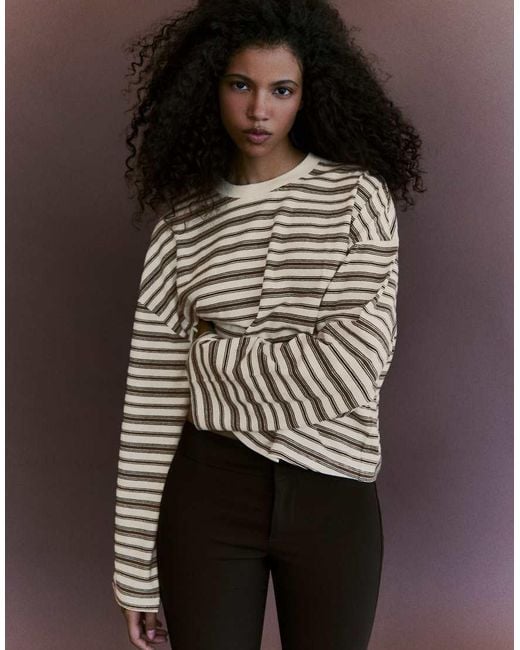 Bershka Brown Striped Boxy Long Sleeve T-Shirt
