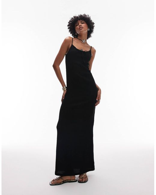 TOPSHOP Black Crinkle Tie Front Cami Maxi Dress