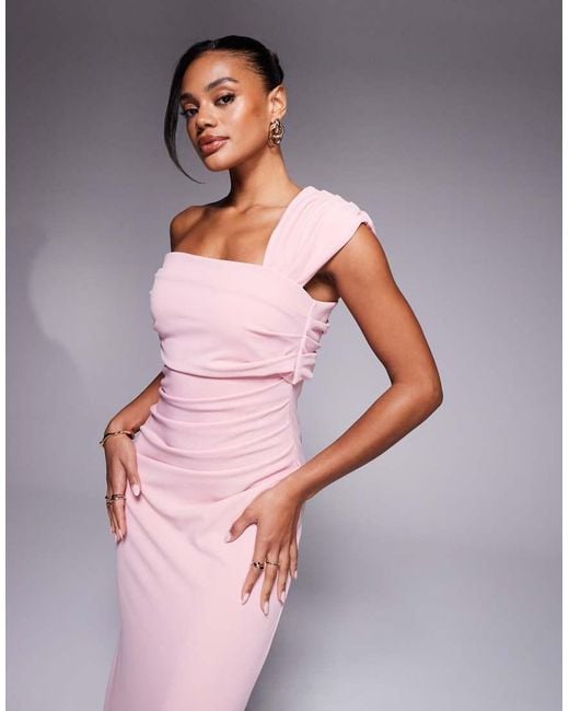 Goddiva Pink One Shoulder Scuba Crepe Evening Maxi Dress