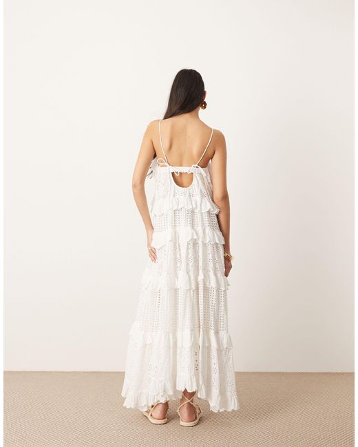 ASOS Natural Strappy Broderie Trapeze Tiered Maxi Dress