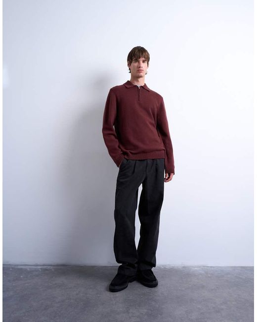 Topman Red Regular Fit Knitted Polo With Zip for men