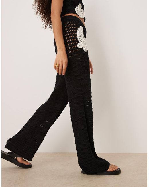 ASOS Black Knitted Crochet Wide Leg Trouser Co-ord With Flower Patch Detail