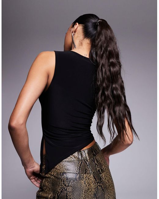 Kaiia Black Exclusive Double Layered Slinky Sleeveless Asymmetric Side Split Top