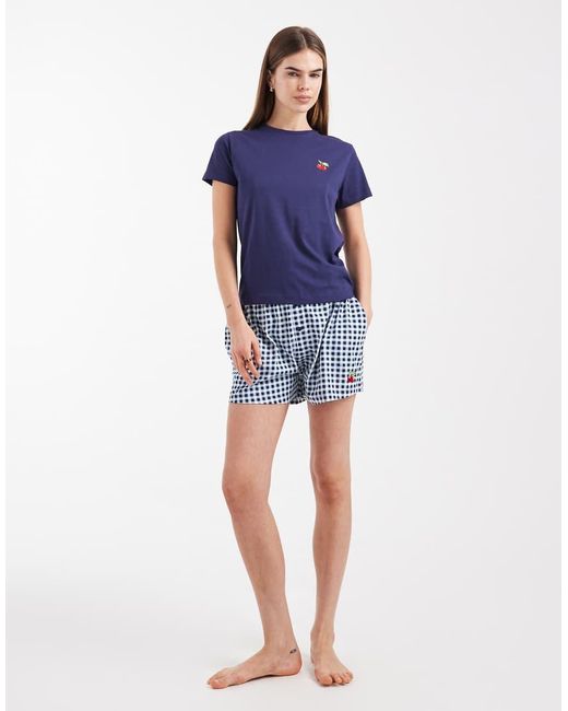 Brave Soul Blue Cotton T-shirt And Check Shorts Pyjama Set With Cherry Embroidery