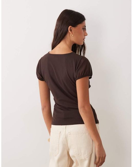 New Look Brown Lace Trim Mesh V-Neck Top