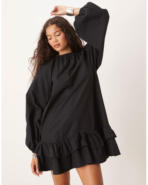 ASOS Black Drop Waist Frill Detail With Lace Trim Mini Dress