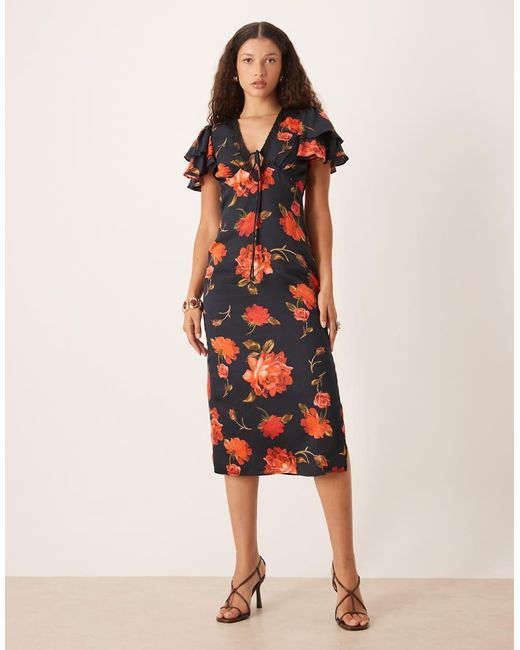 Hope & Ivy Multicolor Satin Lace Trim Flutter Sleeve Midi Dress