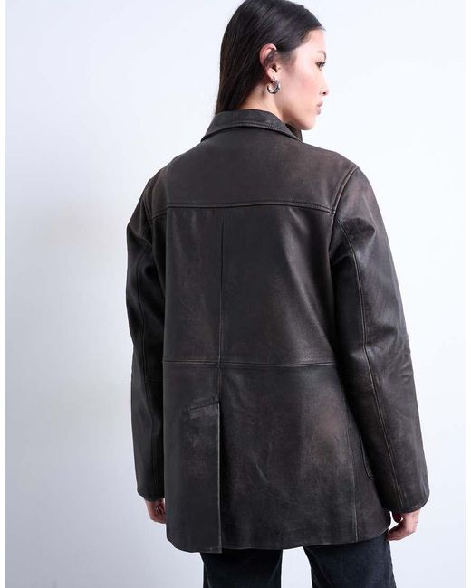 TOPSHOP Black Premium Real Leather Blazer With Patch Pockets